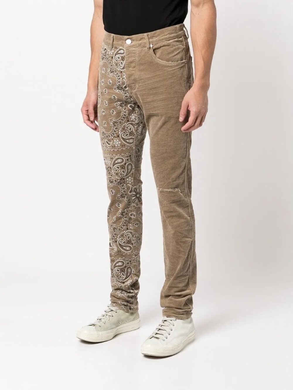 Purple Brand Corduroy Slim Pants Tan Paisley Distressed 32 Boho Indie Festival